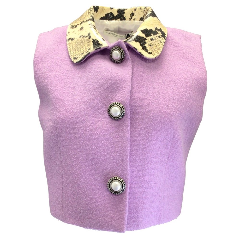 ALESSANDRA RICH LILAC PYTHON PRINT LEATHER COLLAR TWEED BOUCLE KNIT GILET VEST